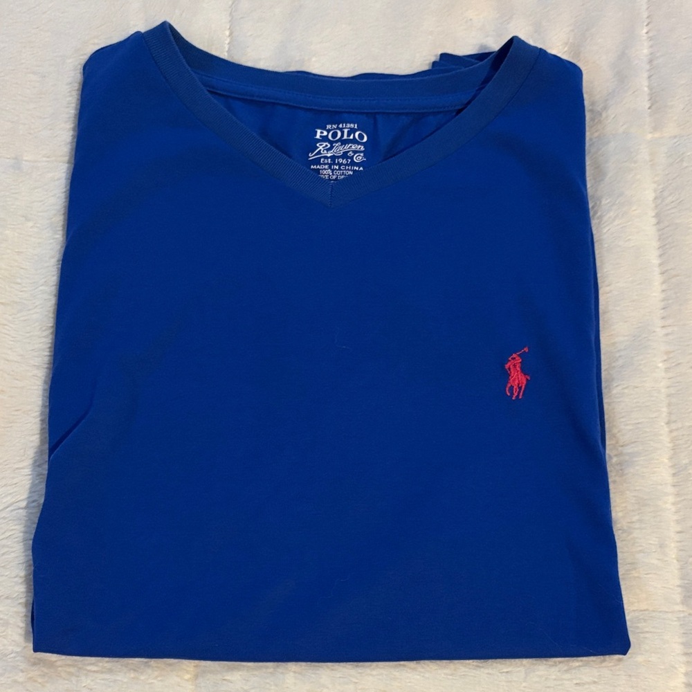 Polo by Ralph Lauren Men's Royal Blue V-Neck Tee Medium